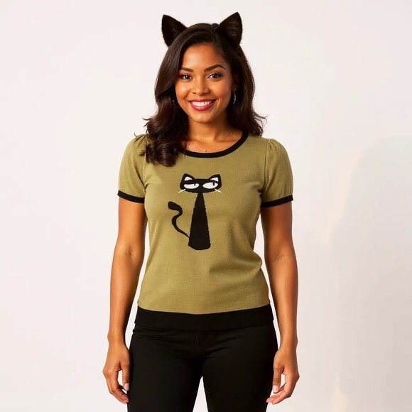 Pinup Retro Cat Short Sleeve Sweater Top - Picture 1 of 4